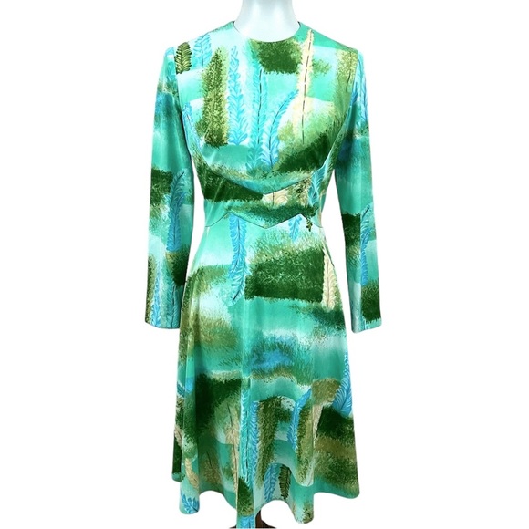 Rare Vintage Mid Century Impressionist Feather Forest Tree Long Sleeve Dress - Picture 1 of 10